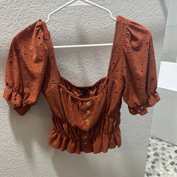 Forever 21 Brown Puff Sleeve Crop Blouse - Picture 1 of 3